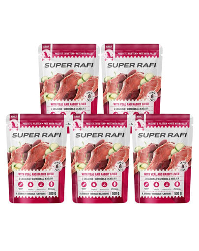 SUPER RAFI Nassfutter Pastete mit Kalbfleisch und Kaninchenleber für adulte Hunde aller Rassen getreidefrei 5x500 g