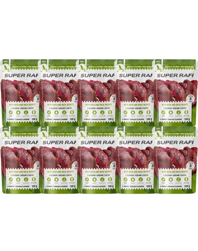 SUPER RAFI Nassfutter Pastete mit Wild und Entenherzen für adulte Hunde aller Rassen getreidefrei 10x500 g