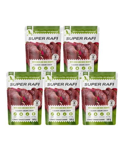 SUPER RAFI Nassfutter Pastete mit Wild und Entenherzen für adulte Hunde aller Rassen getreidefrei 5x500 g