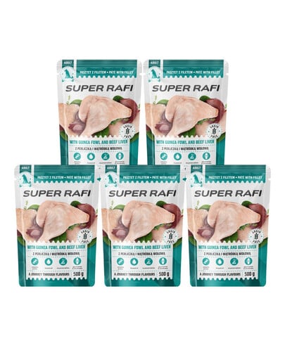 SUPER RAFI Nassfutter Pastete mit Perlhuhn und Rinderleber für adulte Hunde aller Rassen getreidefrei 5x500 g
