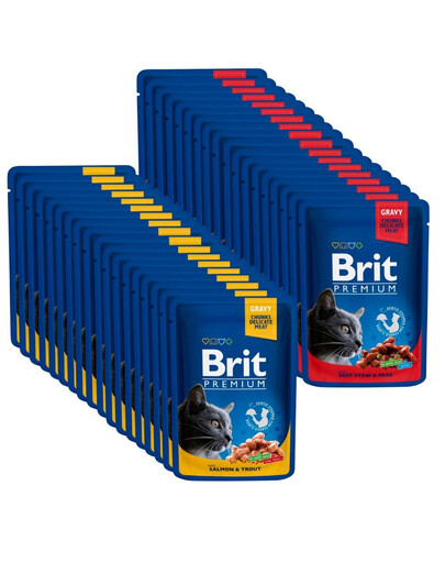 BRIT Premium Nassfutter in Soße mit Lachs, Forelle, Rind und Erbsen für Katzen 48x100 g
