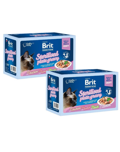 BRIT Fillets in Gravy Family Plate Sterilised Nassfutter in Soße mit Huhn, Lamm, Ente, Lachs für sterilisierte Katzen 24x85g