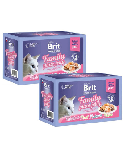 BRIT Family Plate Jelly Mix Geschmacks in Gelee Huhn, Rind, Lachs, Forelle für Katzen 24x85 g
