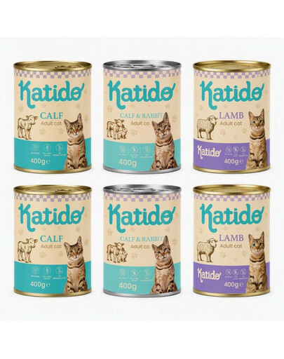 KATIDO Adult Mix Geschmacks Nassfutter mit Kalb, Lamm, Kaninchen für adulte Katzen 6 x 400g