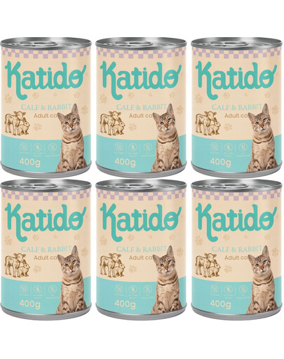 KATIDO Adult Cat Veal and Rabbit Nassfutter Kalbfleisch und Kaninchen mit Lachsöl für Katzen 6x400 g