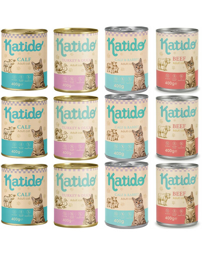 KATIDO Adult Nassfutter Mix Geschmacks Kalb, Kaninchen, Pute, Ente, Rind für adulte Katzen 12x400g