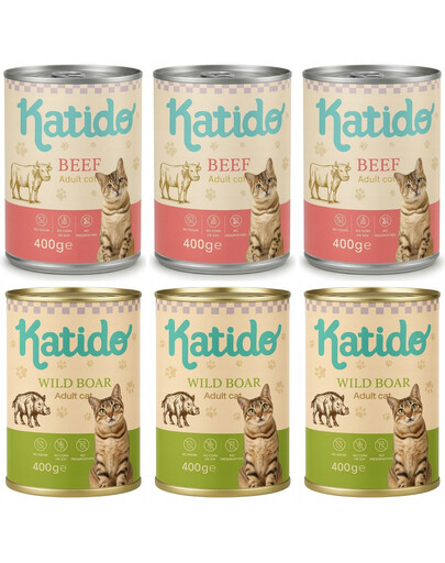 KATIDO Adult Mix Geschmacks Nassfutter mit Rind und Wildschwein für adulte Katzen 6 x 400g