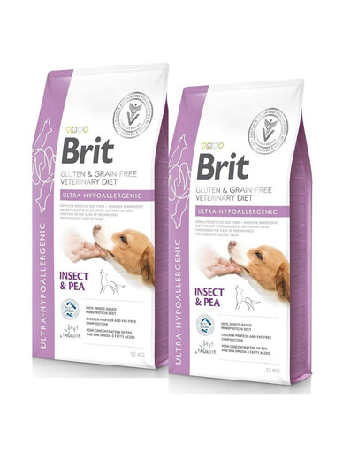 BRIT Veterinary Diets Dog Ultra-Hypoallergenic mit Insekten und Erbsen für Hunde mit dermatologischen und Verdauungsproblemen 2x12kg