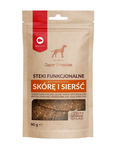 MACED Steaks Snacks mit Lachs und Ente zur Unterstützung von Haut und Fell 90g