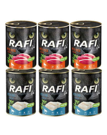 RAFI Cat Nassfutter Mix Geschmacks mit Dorsch und Ente für adulte Katzen getreidefrei 6x400g