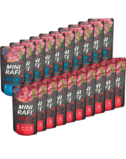 RAFI Mini Mix Geschmacks Nassfutter mit Rind und Lamm für adulte kleine Hunde 20x150 g