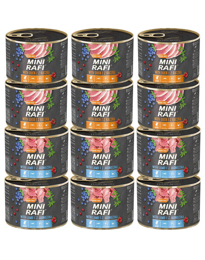 RAFI Mini Nassfutter mit Ente und Lammfleisch für adulte kleine Hunde getreidefrei 12x185g