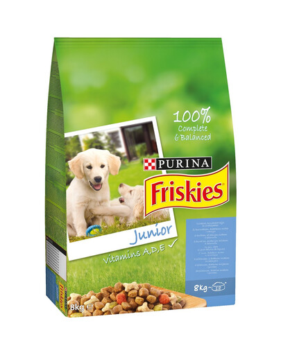 FRISKIES Junior Vitamins A D E Trockenfutter mit Huhn, Milch und Gemüse für Welpen 8 kg