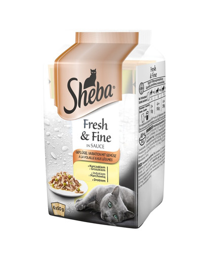 SHEBA 6x50g Fresh & Fine - Katzennassfutter in Sauce (Huhn und Erbsen, Truthahn und Karotten, Geflügel)