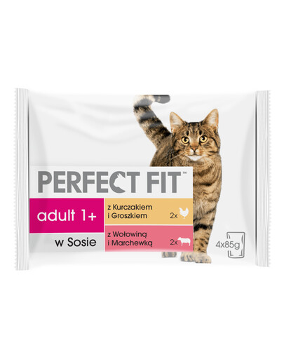 PERFECT FIT Adult Beutel 4x85g: Katzennassfutter mit Huhn, Erbsen, Rindfleisch und Karotten in Sauce