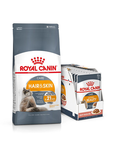 ROYAL CANIN Hair&Skin Care 10kg +  Intense BEAUTY  nass in Soße 85g x12
