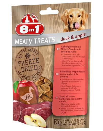 8IN1 Meaty Treats Gefriergetrocknete Fleisch-Snacks Ente & Apfel 2 x 50 g + Trainingsbeutel für Snacks GRATIS
